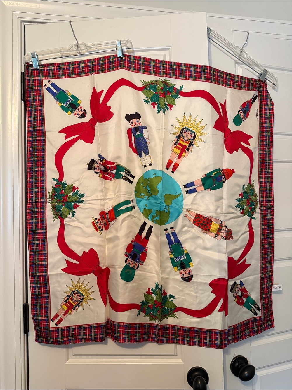 Talbots Cream Nutcracker Globe Print Holiday Silk Scarf with Red Plaid Border